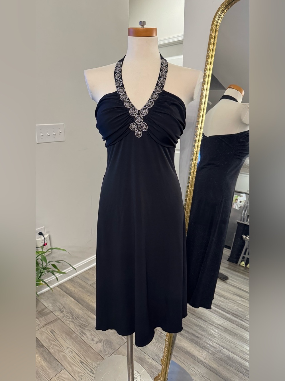 Spense Black Strapless Halter Dress with Embellished Neckline